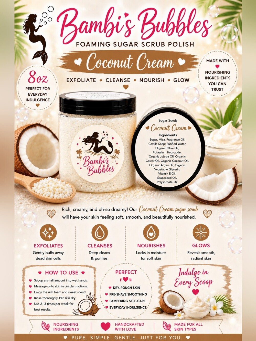 8oz New! Coconut Cream Foaming Sugar Scrub Polish